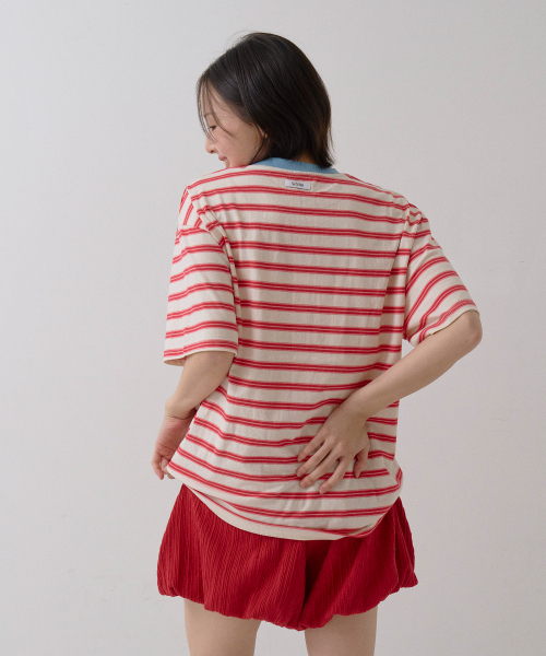 SAYUU(サユ)の「ストライプビスケット半袖Tシャツレッド(Tシャツ/カットソー・レディース・レッド・FREE)」の4枚目の写真