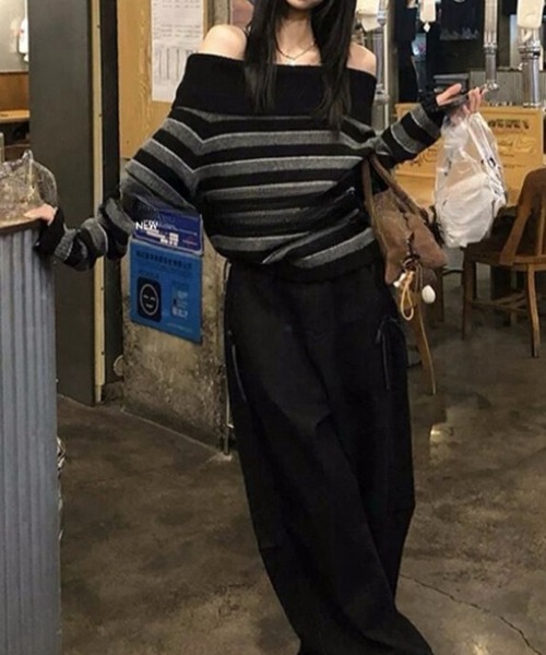 HALEY PESCA(ヘーリーペスカ)の「HALEY PESCA/ボーダーオフショルダーニット(ニット/セーター・レディース・グレー/ブラック/ブラウン・FREE)」の8枚目の写真