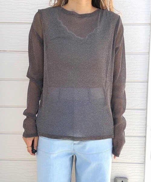 Q（キュー）の「ラメシアーカットソー（Tシャツ/カットソー・レディース・チャコールグレー/ベビーピンク・MEDIUM）」の6枚目の写真