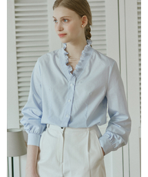Frill Collar Stripe Blouse - Blue