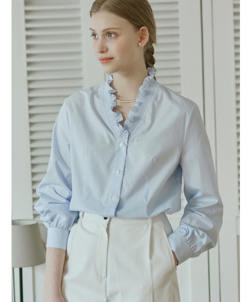 NONLOCAL(ノンローカル)の「Frill Collar Stripe Blouse - Blue(シャツ/ブラウス・レディース・その他・FREE)」の1枚目の写真