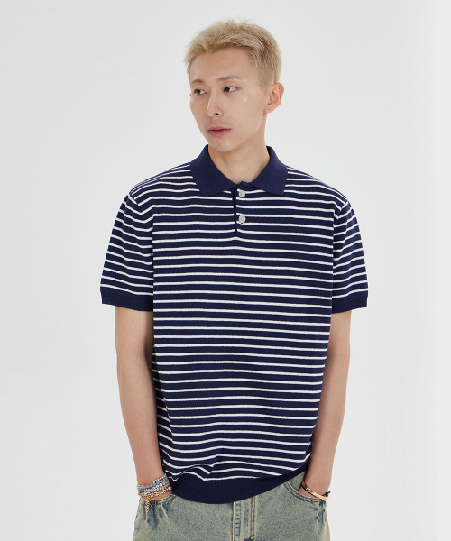 MAKEITTO(メイキット)の「ストライプニットカラー半袖Tシャツ_ネイビー(ポロシャツ・メンズ・その他・L/XL/M)」の1枚目の写真
