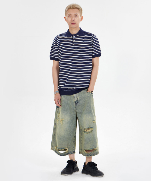 MAKEITTO(メイキット)の「ストライプニットカラー半袖Tシャツ_ネイビー(ポロシャツ・メンズ・その他・L/XL/M)」の4枚目の写真
