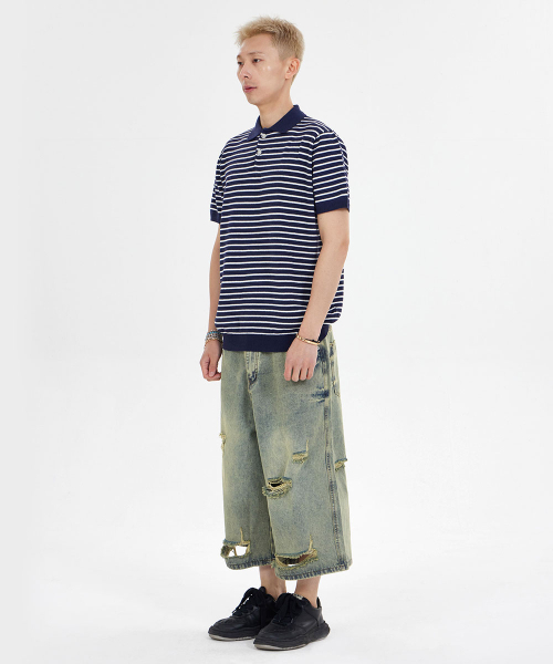 MAKEITTO(メイキット)の「ストライプニットカラー半袖Tシャツ_ネイビー(ポロシャツ・メンズ・その他・L/XL/M)」の5枚目の写真