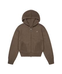 Structure Contrast Knitted Zip-Up Hoodie (Brown)