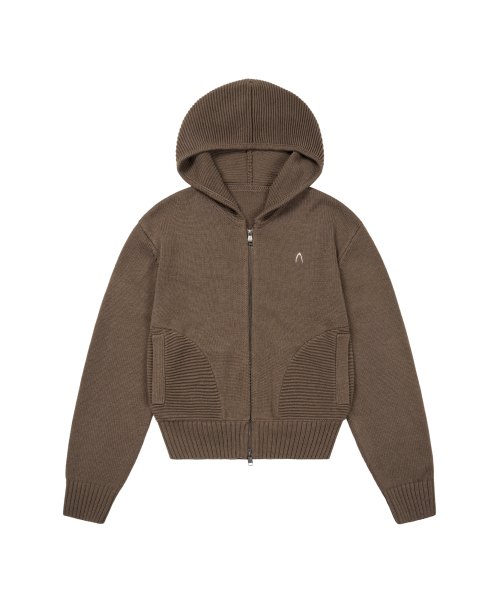Structure Contrast Knitted Zip‑Up Hoodie (Brown) — коричневое худи на молнии