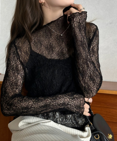 Eclat one(エクラワン)の「【Eclat one】メロウネック シアー レース トップス(Tシャツ/カットソー・レディース・アイボリー/サックスブルー/ブラック/グレイッシュベージュ・M)」の11枚目の写真