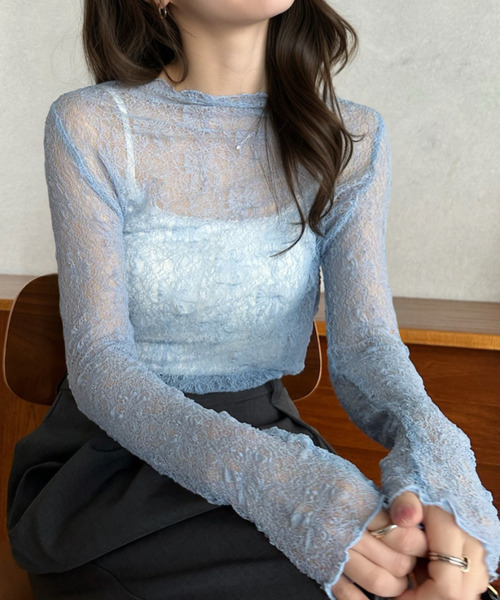 Eclat one(エクラワン)の「【Eclat one】メロウネック シアー レース トップス(Tシャツ/カットソー・レディース・アイボリー/サックスブルー/ブラック/グレイッシュベージュ・M)」の16枚目の写真