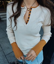 esutoreja | バイカラーヘンリーネックリブニット(ニット/セーター)