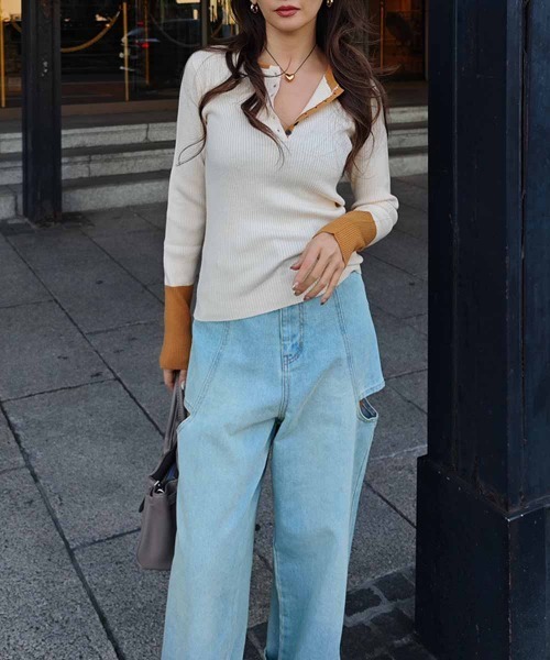 esutoreja（エストレジャ）の「バイカラーヘンリーネックリブニット（ニット/セーター・レディース・ブラウン/アイボリー・FREE）」の8枚目の写真