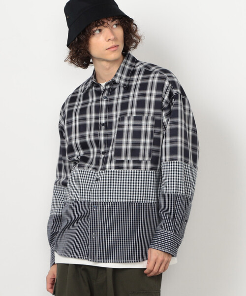 Purple&Yellow（パープルアンドイエロー）の「切り替えチェックシャツ（シャツ/ブラウス・メンズ・ネイビー/ホワイト・MEDIUM/SMALL/LARGE）」の2枚目の写真