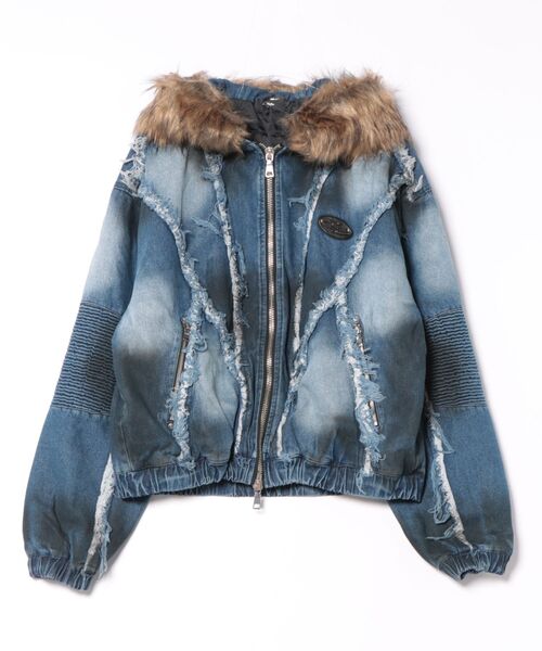 Revo.（レボ）の「【P.N UNDERGROUND】ファー脱着 グランジ フェード加工 デニム フードブルゾン ショート丈 ダブルジップ（デニムジャケット・メンズ・レオパード/インディゴブルー/ブラック・M/L）」の3枚目の写真