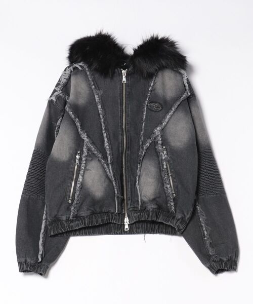 Revo.（レボ）の「【P.N UNDERGROUND】ファー脱着 グランジ フェード加工 デニム フードブルゾン ショート丈 ダブルジップ（デニムジャケット・メンズ・レオパード/インディゴブルー/ブラック・M/L）」の2枚目の写真