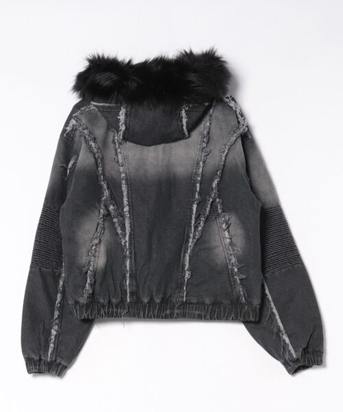 Revo.（レボ）の「【P.N UNDERGROUND】ファー脱着 グランジ フェード加工 デニム フードブルゾン ショート丈 ダブルジップ（デニムジャケット・メンズ・レオパード/インディゴブルー/ブラック・M/L）」の4枚目の写真