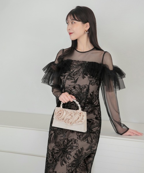 Leja（レジャ）の「【LEJA】フラワースパンコールヘムチュールＩラインワンピースドレス美脚効果結婚式 パーティードレス 成人式 二次会 同窓会 お呼ばれ オケージョン 20代 30代（ドレス・レディース・グレー/ブラック・MEDIUM/SMALL）」の4枚目の写真