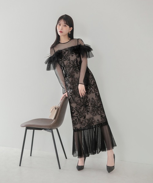 Leja（レジャ）の「【LEJA】フラワースパンコールヘムチュールＩラインワンピースドレス美脚効果結婚式 パーティードレス 成人式 二次会 同窓会 お呼ばれ オケージョン 20代 30代（ドレス・レディース・グレー/ブラック・MEDIUM/SMALL）」の3枚目の写真