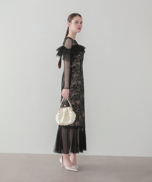 Leja（レジャ）の「【LEJA】フラワースパンコールヘムチュールＩラインワンピースドレス美脚効果結婚式 パーティードレス 成人式 二次会 同窓会 お呼ばれ オケージョン 20代 30代（ドレス・レディース・グレー/ブラック・MEDIUM/SMALL）」の9枚目の写真