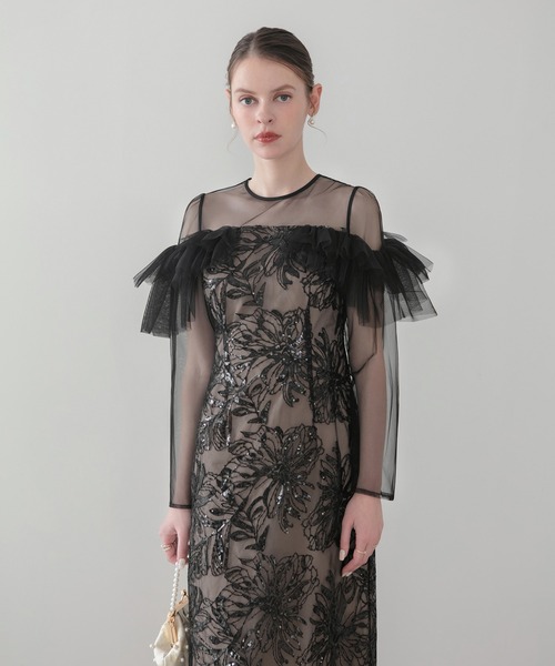 Leja（レジャ）の「【LEJA】フラワースパンコールヘムチュールＩラインワンピースドレス美脚効果結婚式 パーティードレス 成人式 二次会 同窓会 お呼ばれ オケージョン 20代 30代（ドレス・レディース・グレー/ブラック・MEDIUM/SMALL）」の10枚目の写真