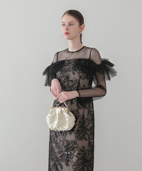 Leja（レジャ）の「【LEJA】フラワースパンコールヘムチュールＩラインワンピースドレス美脚効果結婚式 パーティードレス 成人式 二次会 同窓会 お呼ばれ オケージョン 20代 30代（ドレス・レディース・グレー/ブラック・MEDIUM/SMALL）」の7枚目の写真
