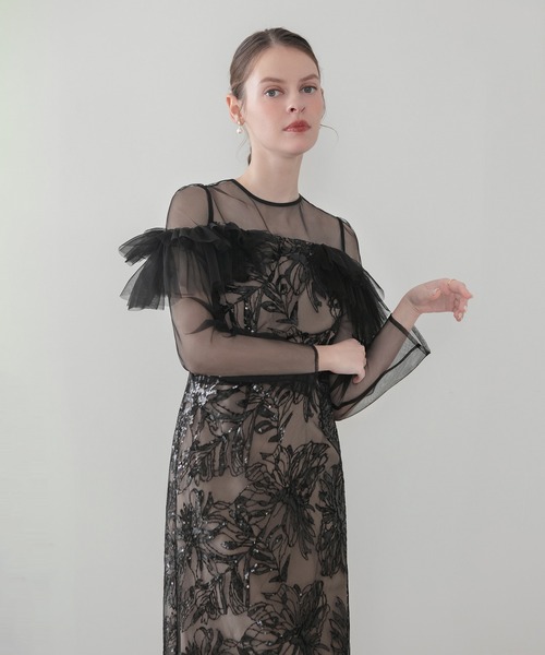 Leja（レジャ）の「【LEJA】フラワースパンコールヘムチュールＩラインワンピースドレス美脚効果結婚式 パーティードレス 成人式 二次会 同窓会 お呼ばれ オケージョン 20代 30代（ドレス・レディース・グレー/ブラック・MEDIUM/SMALL）」の6枚目の写真