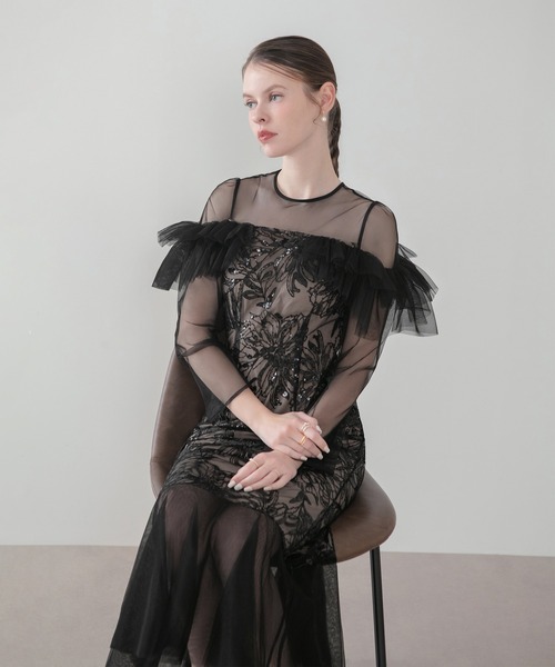 Leja（レジャ）の「【LEJA】フラワースパンコールヘムチュールＩラインワンピースドレス美脚効果結婚式 パーティードレス 成人式 二次会 同窓会 お呼ばれ オケージョン 20代 30代（ドレス・レディース・グレー/ブラック・MEDIUM/SMALL）」の8枚目の写真