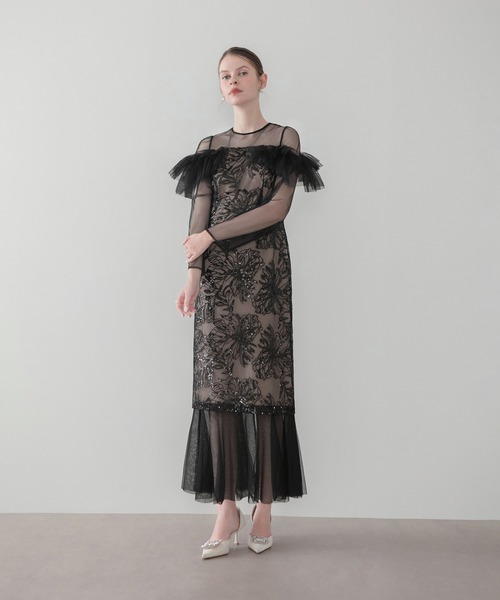 Leja（レジャ）の「【LEJA】フラワースパンコールヘムチュールＩラインワンピースドレス美脚効果結婚式 パーティードレス 成人式 二次会 同窓会 お呼ばれ オケージョン 20代 30代（ドレス・レディース・グレー/ブラック・MEDIUM/SMALL）」の11枚目の写真