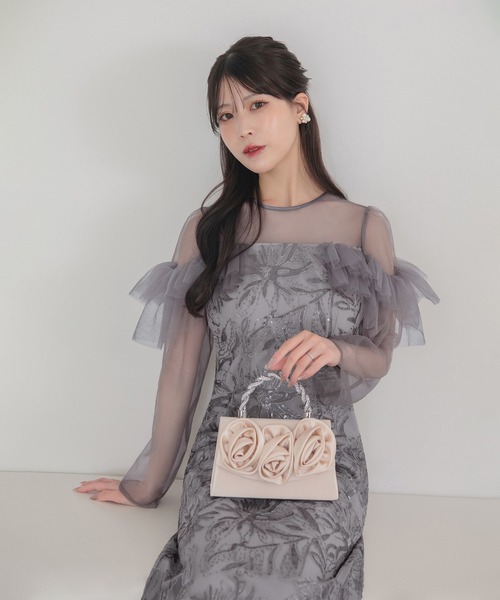 Leja（レジャ）の「【LEJA】フラワースパンコールヘムチュールＩラインワンピースドレス美脚効果結婚式 パーティードレス 成人式 二次会 同窓会 お呼ばれ オケージョン 20代 30代（ドレス・レディース・グレー/ブラック・MEDIUM/SMALL）」の14枚目の写真
