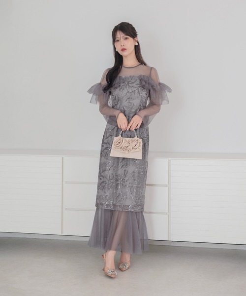 Leja（レジャ）の「【LEJA】フラワースパンコールヘムチュールＩラインワンピースドレス美脚効果結婚式 パーティードレス 成人式 二次会 同窓会 お呼ばれ オケージョン 20代 30代（ドレス・レディース・グレー/ブラック・MEDIUM/SMALL）」の13枚目の写真