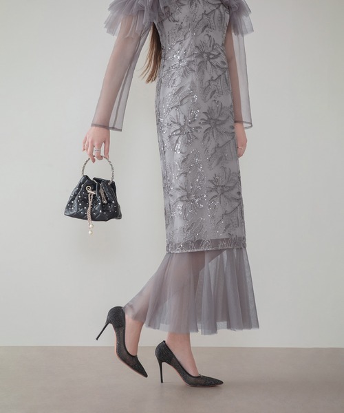 Leja（レジャ）の「【LEJA】フラワースパンコールヘムチュールＩラインワンピースドレス美脚効果結婚式 パーティードレス 成人式 二次会 同窓会 お呼ばれ オケージョン 20代 30代（ドレス・レディース・グレー/ブラック・MEDIUM/SMALL）」の18枚目の写真