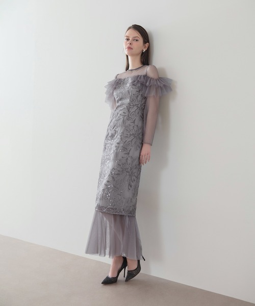 Leja（レジャ）の「【LEJA】フラワースパンコールヘムチュールＩラインワンピースドレス美脚効果結婚式 パーティードレス 成人式 二次会 同窓会 お呼ばれ オケージョン 20代 30代（ドレス・レディース・グレー/ブラック・MEDIUM/SMALL）」の16枚目の写真