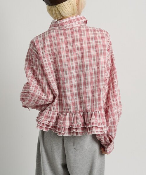 w closet(ダブルクローゼット)の「裾フリルチェックシャツ 【羽織でも使える】(シャツ/ブラウス・レディース・ブルー/レッド/ブラウン・FREE)」の8枚目の写真