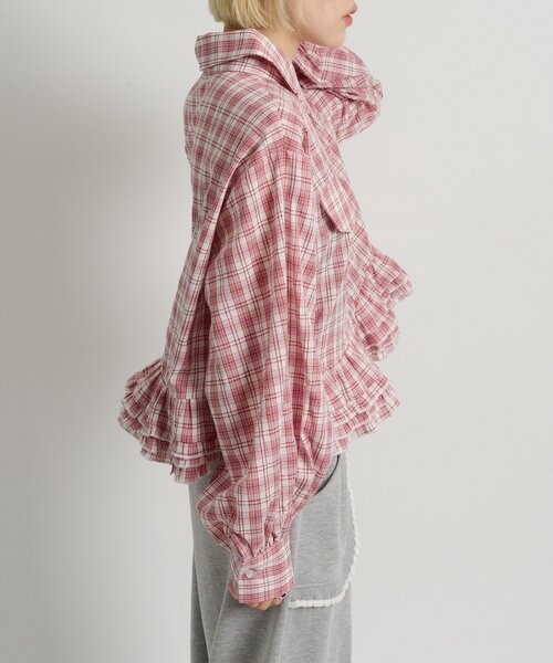w closet(ダブルクローゼット)の「裾フリルチェックシャツ 【羽織でも使える】(シャツ/ブラウス・レディース・ブルー/レッド/ブラウン・FREE)」の9枚目の写真