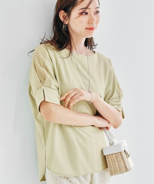 nissen(ニッセン)の「パール調ボタン付異素材切替トップス(Tシャツ/カットソー・レディース・ブラック/ミント/オフホワイト・LL/L/M/S)」の1枚目の写真