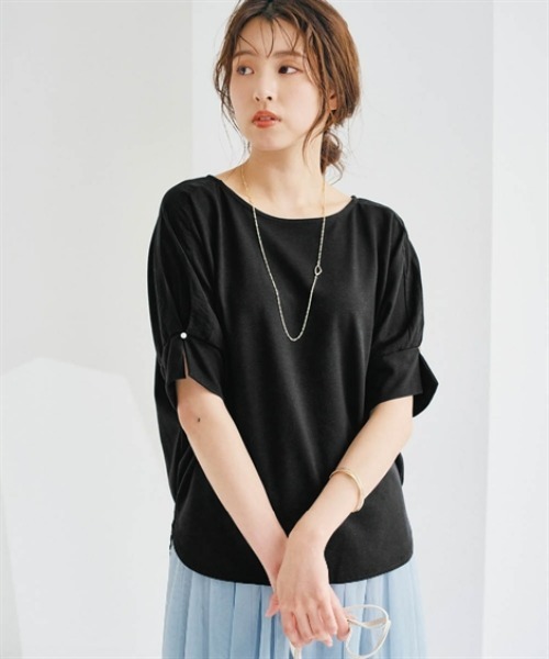 nissen(ニッセン)の「パール調ボタン付異素材切替トップス(Tシャツ/カットソー・レディース・ブラック/ミント/オフホワイト・LL/L/M/S)」の3枚目の写真
