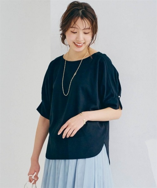 nissen(ニッセン)の「パール調ボタン付異素材切替トップス(Tシャツ/カットソー・レディース・ブラック/ミント/オフホワイト・LL/L/M/S)」の7枚目の写真