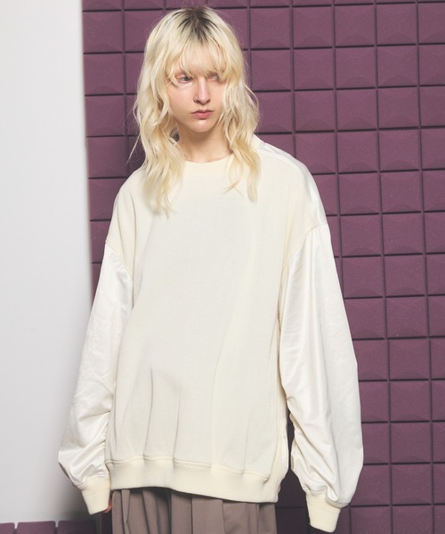 UNISEX》Leather-like Satin Docking Prime-Over Crew Neck Knit 
