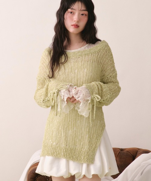 loin nuit(ロワンニュイ)の「asymmetry lace up knit / アシンメトリーレースアップニット(ニット/セーター・レディース・ネイビー/ミント/スモークピンク・FREE)」の1枚目の写真