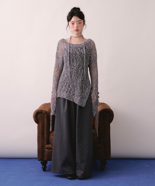 loin nuit(ロワンニュイ)の「asymmetry lace up knit / アシンメトリーレースアップニット(ニット/セーター・レディース・ネイビー/ミント/スモークピンク・FREE)」の6枚目の写真