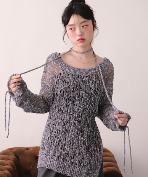 loin nuit(ロワンニュイ)の「asymmetry lace up knit / アシンメトリーレースアップニット(ニット/セーター・レディース・ネイビー/ミント/スモークピンク・FREE)」の12枚目の写真