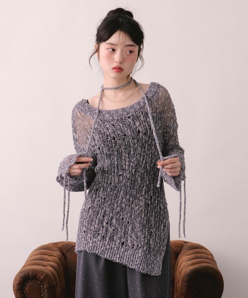 loin nuit(ロワンニュイ)の「asymmetry lace up knit / アシンメトリーレースアップニット(ニット/セーター・レディース・ネイビー/ミント/スモークピンク・FREE)」の14枚目の写真