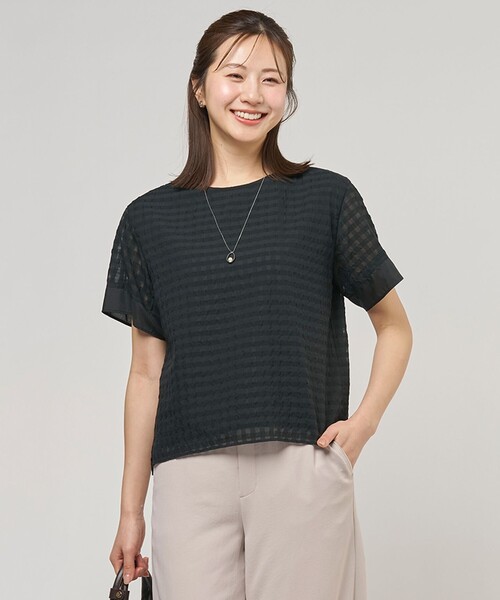 J.PRESS(ジェイプレス)の「【一枚で着映え】シアーギンガム クルーネック カットソー(Tシャツ/カットソー・レディース・アイボリー系/ブラック系3/ブラック系・T13/T15)」の2枚目の写真