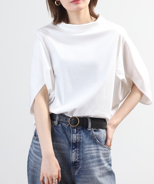 BRODIAEA(ブローディア)の「BRODIAEA シルク混ボトルネックカットソープルオーバー 半端袖(Tシャツ/カットソー・レディース・モカ/オフホワイト/ネイビー・40)」の2枚目の写真