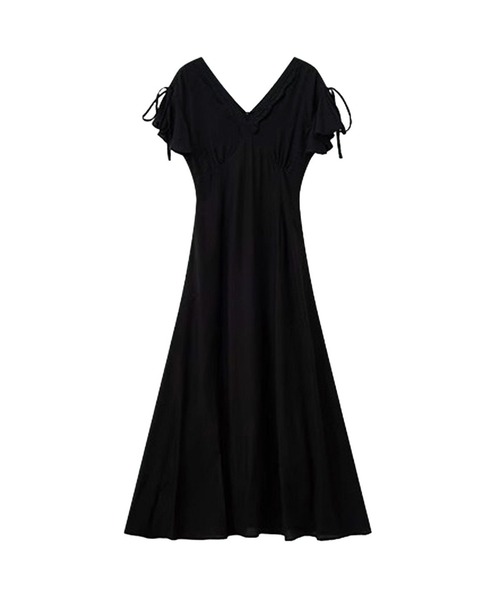 AMAJI（アマジ）の「ヘップバーン風ブラックVネックワンピース（ワンピース・レディース・ブラック・X-LARGE/LARGE/MEDIUM/SMALL）」の5枚目の写真
