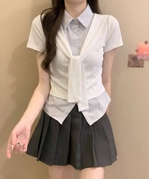 【2026春夏新作】シャツレイヤード風 肩掛けデザイン半袖トップス