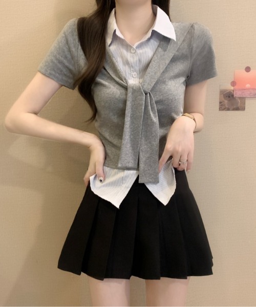 Mejoul（メジュール）の「【2026春夏新作】シャツレイヤード風 肩掛けデザイン半袖トップス（シャツ/ブラウス・レディース・ホワイト/グレー/ネイビー・F）」の10枚目の写真