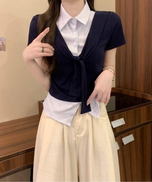 Mejoul（メジュール）の「【2026春夏新作】シャツレイヤード風 肩掛けデザイン半袖トップス（シャツ/ブラウス・レディース・ホワイト/グレー/ネイビー・F）」の13枚目の写真