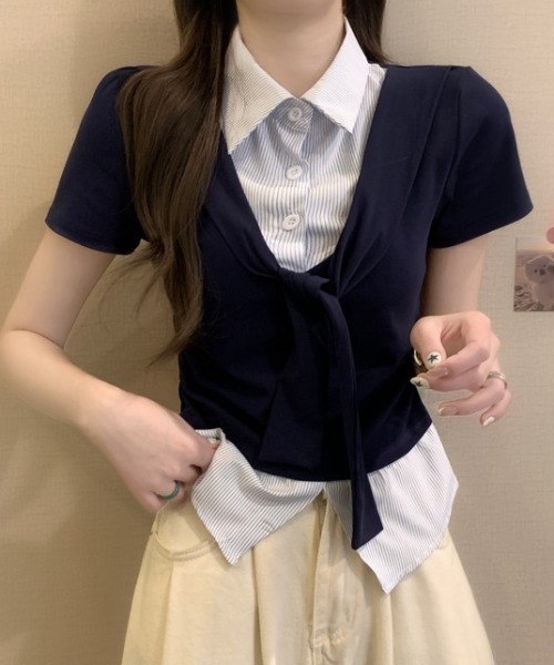 Mejoul（メジュール）の「【2026春夏新作】シャツレイヤード風 肩掛けデザイン半袖トップス（シャツ/ブラウス・レディース・ホワイト/グレー/ネイビー・F）」の15枚目の写真