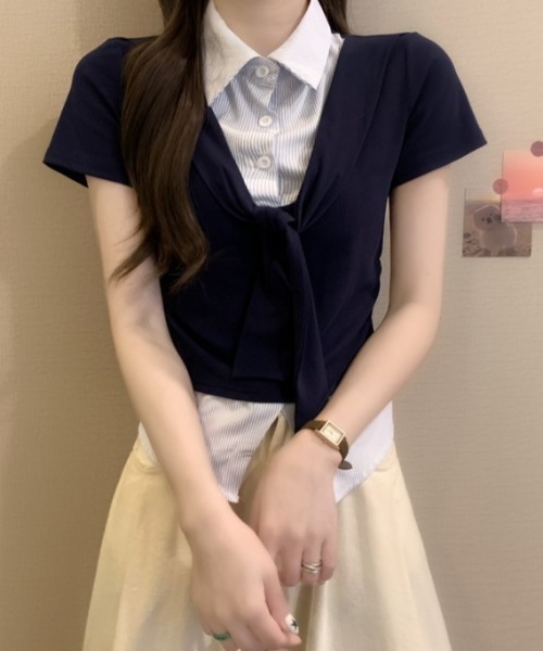 Mejoul（メジュール）の「【2026春夏新作】シャツレイヤード風 肩掛けデザイン半袖トップス（シャツ/ブラウス・レディース・ホワイト/グレー/ネイビー・F）」の16枚目の写真