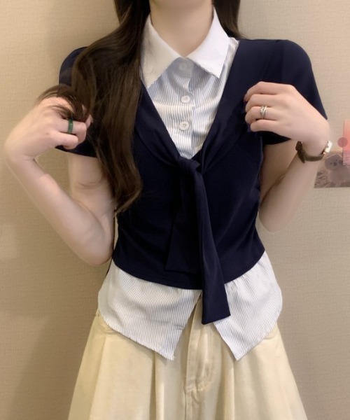 Mejoul（メジュール）の「【2026春夏新作】シャツレイヤード風 肩掛けデザイン半袖トップス（シャツ/ブラウス・レディース・ホワイト/グレー/ネイビー・F）」の17枚目の写真