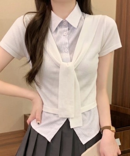 Mejoul（メジュール）の「【2026春夏新作】シャツレイヤード風 肩掛けデザイン半袖トップス（シャツ/ブラウス・レディース・ホワイト/グレー/ネイビー・F）」の5枚目の写真
